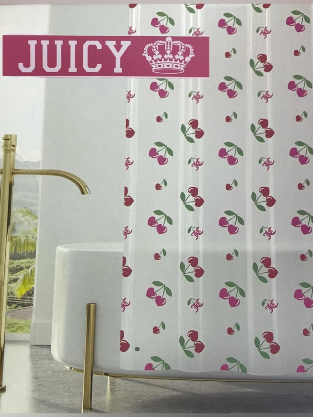 Juicy Couture Cherry-Hearts Semi-Clear Shower Curtain PEVA Magnetic 70x72 NWT